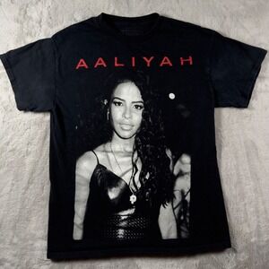 Aaliyah Graphic T-Shirt Black Red Spell Out Portrait R&B Music Tee Small